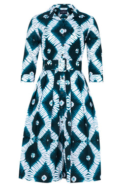 Audrey Dress #1 Shirt Collar 3/4 Sleeve Long Length Cotton Stretch (Shibori Rhombus)