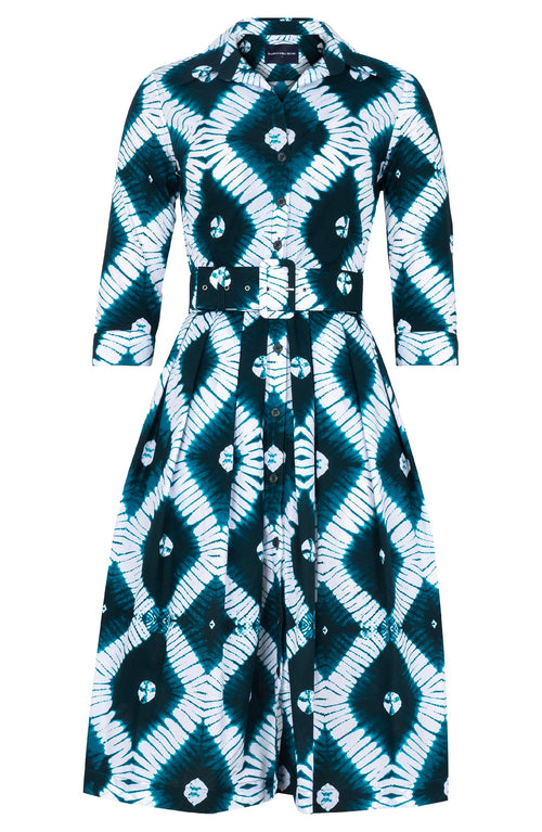 Audrey Dress #1 Shirt Collar 3/4 Sleeve Long Length Cotton Stretch (Shibori Rhombus)