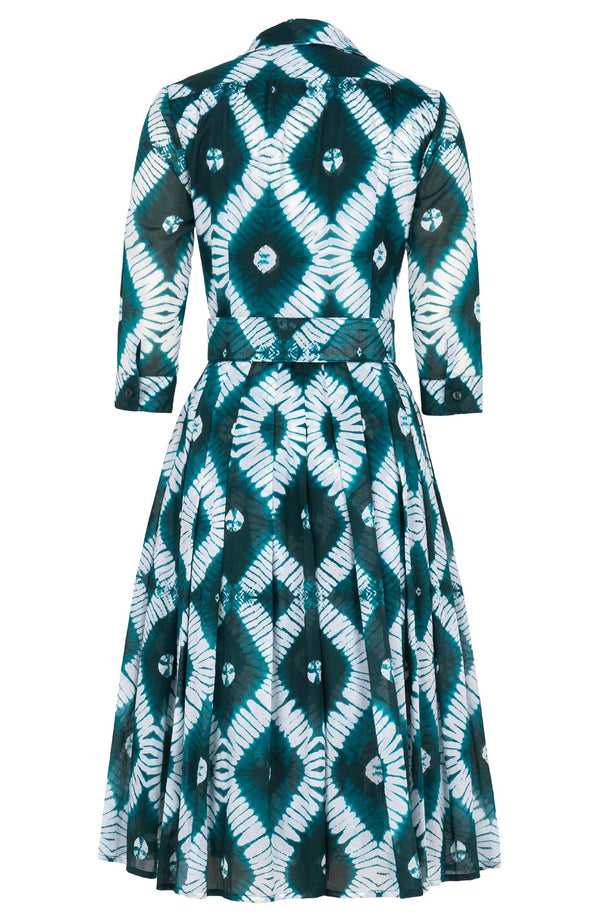 Audrey Dress #4 Shirt Collar 3/4 Sleeve Long Length Cotton Musola (Shibori Rhombus)