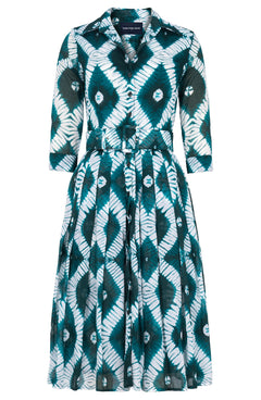 Audrey Dress #4 Shirt Collar 3/4 Sleeve Long Length Cotton Musola (Shibori Rhombus)