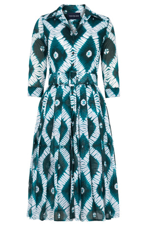 Audrey Dress #4 Shirt Collar 3/4 Sleeve Long Length Cotton Musola (Shibori Rhombus)