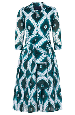 Audrey Dress #4 Shirt Collar 3/4 Sleeve Long Length Cotton Musola (Shibori Rhombus)