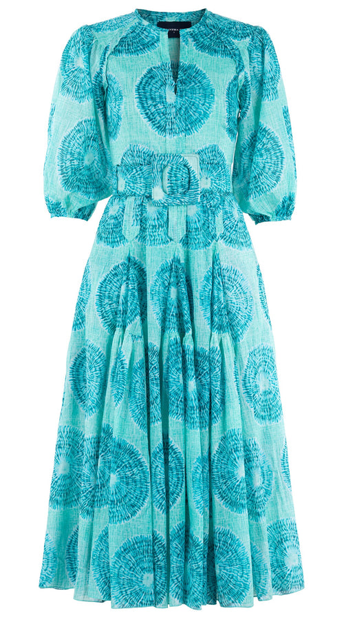 Vera Dress Crew Slit 3/4 Puff Sleeve Midi Plus Length Cotton Musola (Shibori Seagrass)