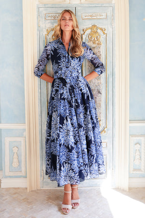 Aster Dress Shirt Collar 3/4 Sleeve Midi Length Cotton Musola (Shibori Sumire)