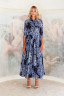 Aster Dress Shirt Collar 3/4 Sleeve Midi Length Cotton Musola (Shibori Sumire)