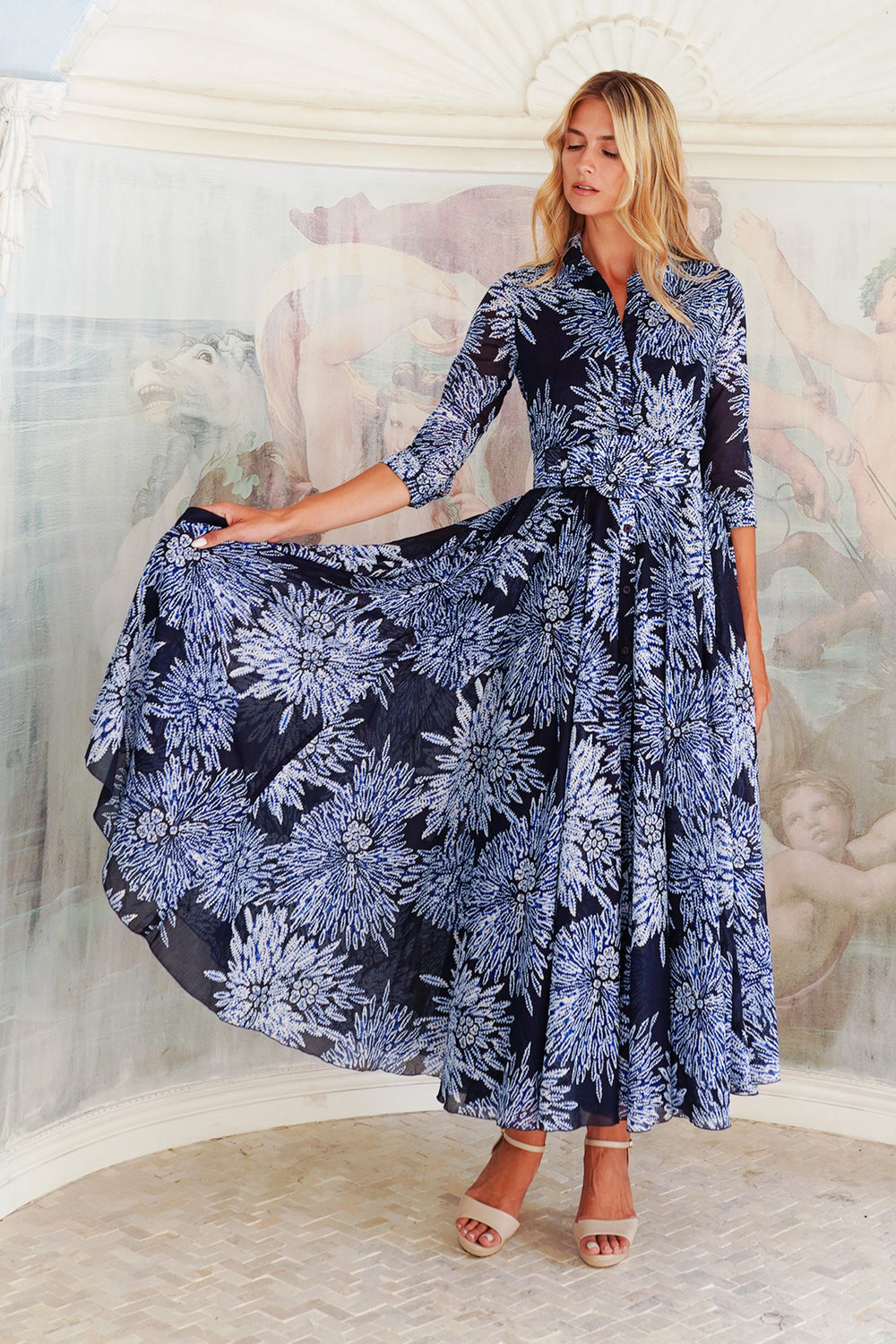 Aster Dress Shirt Collar 3/4 Sleeve Midi Length Cotton Musola (Shibori Sumire)