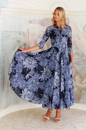 Aster Dress Shirt Collar 3/4 Sleeve Midi Length Cotton Musola (Shibori Sumire)