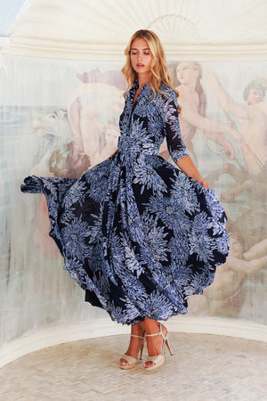 Aster Dress Shirt Collar 3/4 Sleeve Midi Length Cotton Musola (Shibori Sumire)