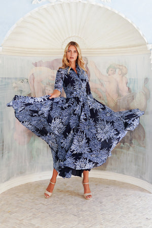 Aster Dress Shirt Collar 3/4 Sleeve Midi Length Cotton Musola (Shibori Sumire)