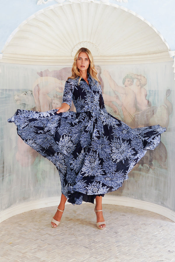 Aster Dress Shirt Collar 3/4 Sleeve Midi Length Cotton Musola (Shibori Sumire)