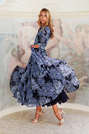 Aster Dress Shirt Collar 3/4 Sleeve Midi Length Cotton Musola (Shibori Sumire)