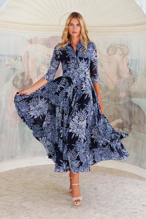 Aster Dress Shirt Collar 3/4 Sleeve Midi Length Cotton Musola (Shibori Sumire)