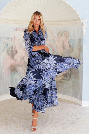 Aster Dress Shirt Collar 3/4 Sleeve Midi Length Cotton Musola (Shibori Sumire)