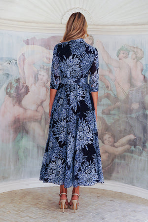 Aster Dress Shirt Collar 3/4 Sleeve Midi Length Cotton Musola (Shibori Sumire)