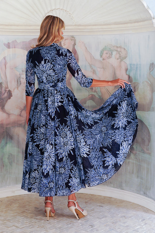 Aster Dress Shirt Collar 3/4 Sleeve Midi Length Cotton Musola (Shibori Sumire)