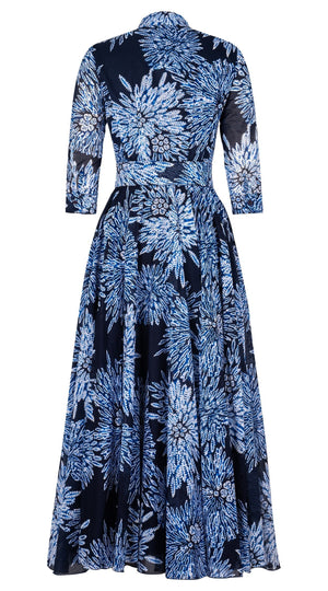 Aster Dress Shirt Collar 3/4 Sleeve Maxi Length Cotton Musola (Shibori Sumire)