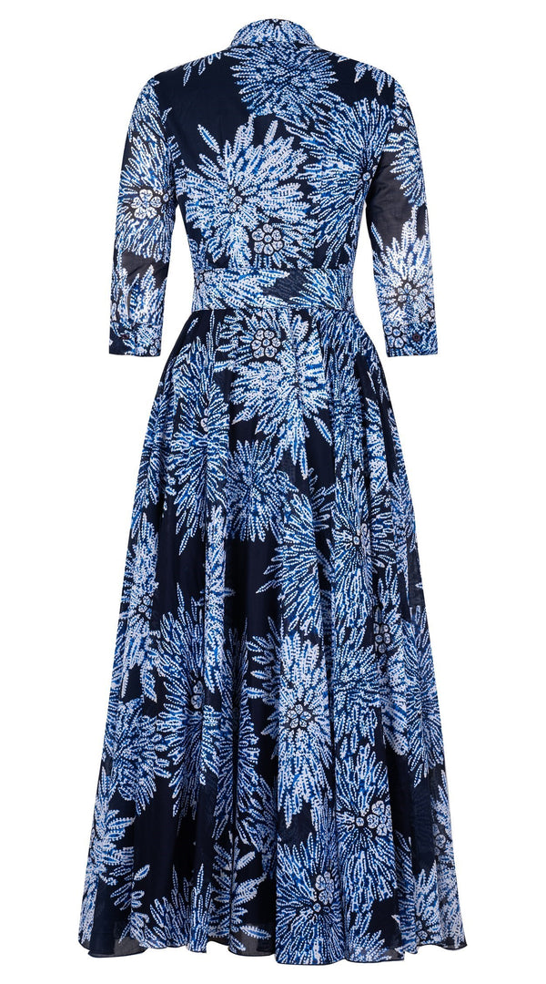 Aster Dress Shirt Collar 3/4 Sleeve Maxi Length Cotton Musola (Shibori Sumire)