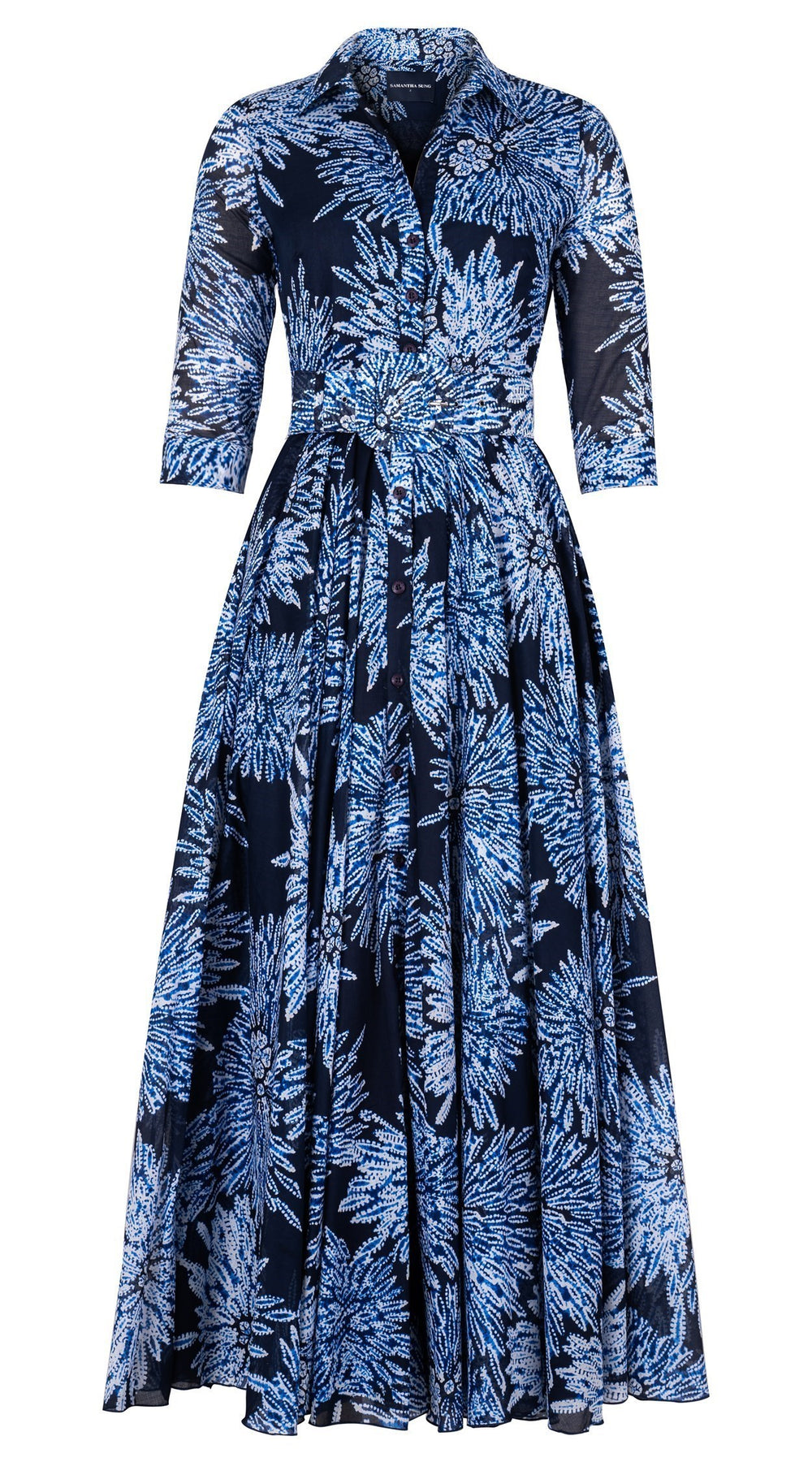 Aster Dress Shirt Collar 3/4 Sleeve Maxi Length Cotton Musola (Shibori Sumire)