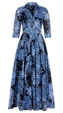 Aster Dress Shirt Collar 3/4 Sleeve Maxi Length Cotton Musola (Shibori Sumire)