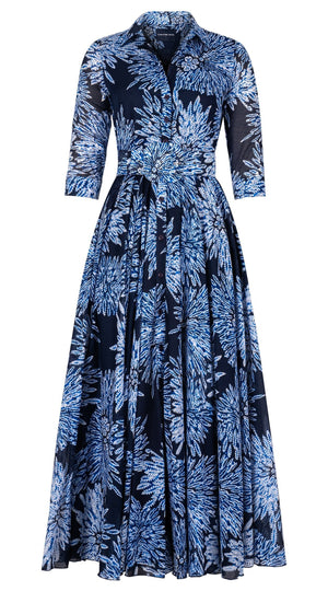 Aster Dress Shirt Collar 3/4 Sleeve Maxi Length Cotton Musola (Shibori Sumire)
