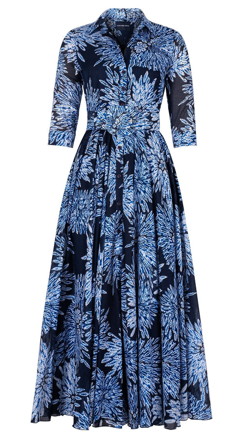 Aster Dress Shirt Collar 3/4 Sleeve Maxi Length Cotton Musola (Shibori Sumire)