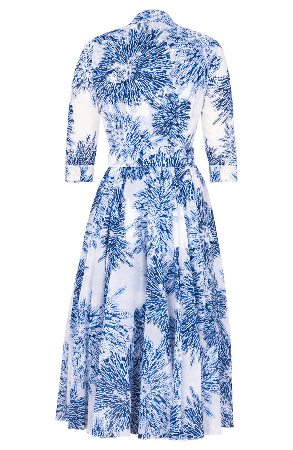 Aster Dress Shirt Collar 3/4 Sleeve Midi Length Cotton Musola (Shibori Sumire)