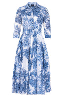 Aster Dress Shirt Collar 3/4 Sleeve Midi Length Cotton Musola (Shibori Sumire)