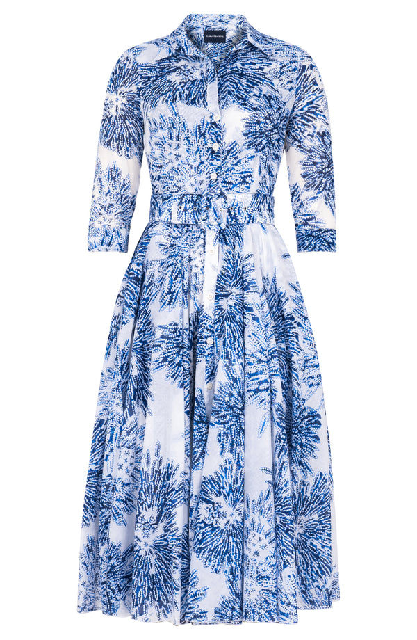 Aster Dress Shirt Collar 3/4 Sleeve Midi Length Cotton Musola (Shibori Sumire)