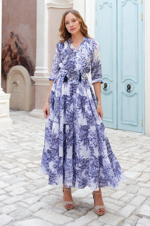 Eden Dress Crew Neck 3/4 Sleeve Maxi Length Cotton Musola (Shibori Sumire)