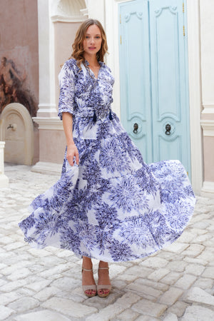 Eden Dress Crew Neck 3/4 Sleeve Maxi Length Cotton Musola (Shibori Sumire)