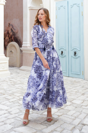 Eden Dress Crew Neck 3/4 Sleeve Maxi Length Cotton Musola (Shibori Sumire)