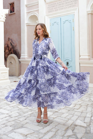 Eden Dress Crew Neck 3/4 Sleeve Maxi Length Cotton Musola (Shibori Sumire)