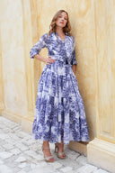 Eden Dress Crew Neck 3/4 Sleeve Maxi Length Cotton Musola (Shibori Sumire)