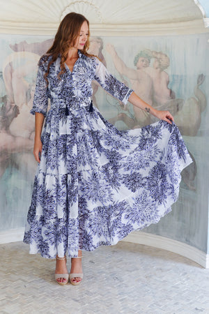 Eden Dress Crew Neck 3/4 Sleeve Maxi Length Cotton Musola (Shibori Sumire)