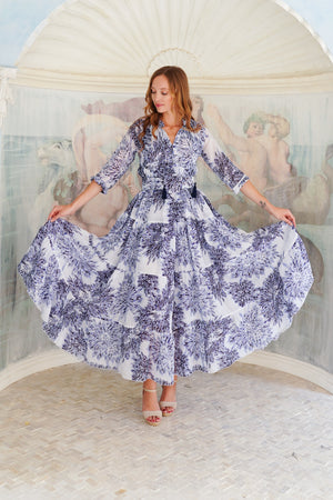 Eden Dress Crew Neck 3/4 Sleeve Maxi Length Cotton Musola (Shibori Sumire)