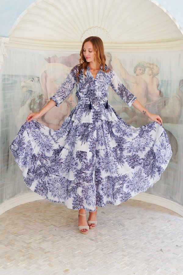 Eden Dress Crew Neck 3/4 Sleeve Maxi Length Cotton Musola (Shibori Sumire)