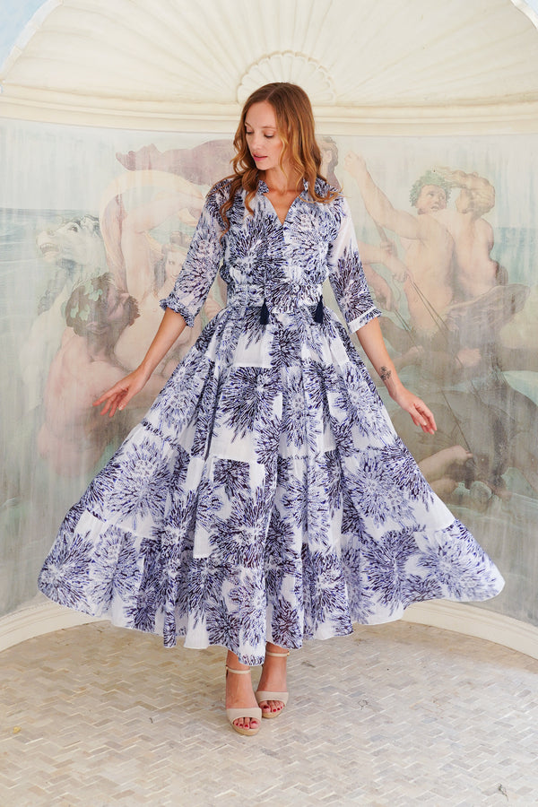 Eden Dress Crew Neck 3/4 Sleeve Maxi Length Cotton Musola (Shibori Sumire)