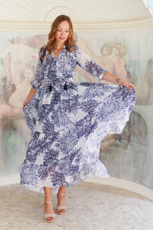 Eden Dress Crew Neck 3/4 Sleeve Maxi Length Cotton Musola (Shibori Sumire)