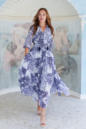 Eden Dress Crew Neck 3/4 Sleeve Maxi Length Cotton Musola (Shibori Sumire)