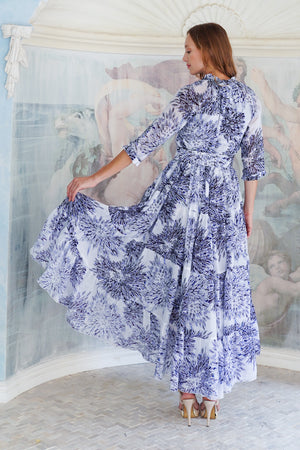 Eden Dress Crew Neck 3/4 Sleeve Maxi Length Cotton Musola (Shibori Sumire)