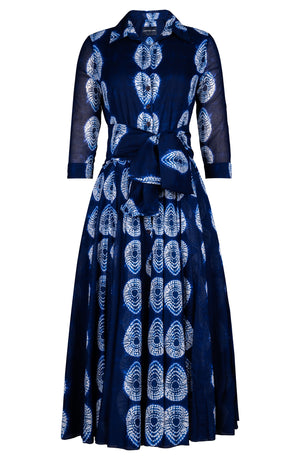 Aster Dress Shirt Collar 3/4 Sleeve Midi Plus Length Cotton Musola (Shibori Tear Drop)