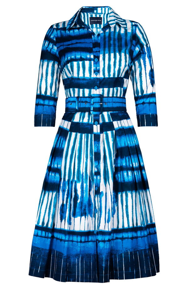 Audrey Dress #1 Shirt Collar 3/4 Sleeve Long Length Cotton Stretch (Shibori Thread)