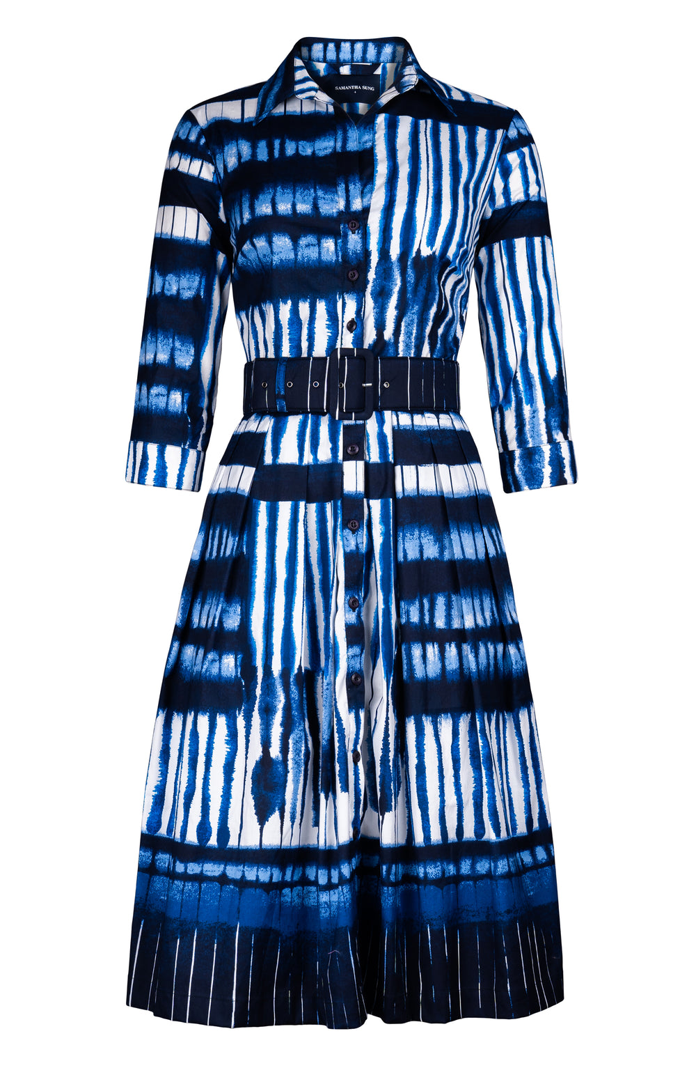 Audrey Dress #1 Shirt Collar 3/4 Sleeve Long Length Cotton Stretch (Shibori Thread)