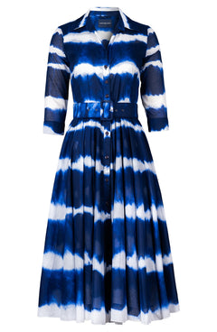 Aster Dress Shirt Collar 3/4 Sleeve Midi Length Cotton Musola (Shibori Tie)