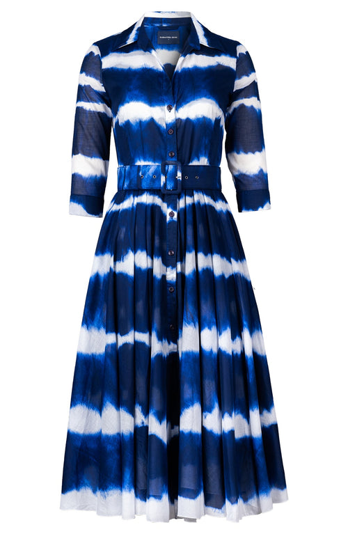 Aster Dress Shirt Collar 3/4 Sleeve Midi Length Cotton Musola (Shibori Tie)