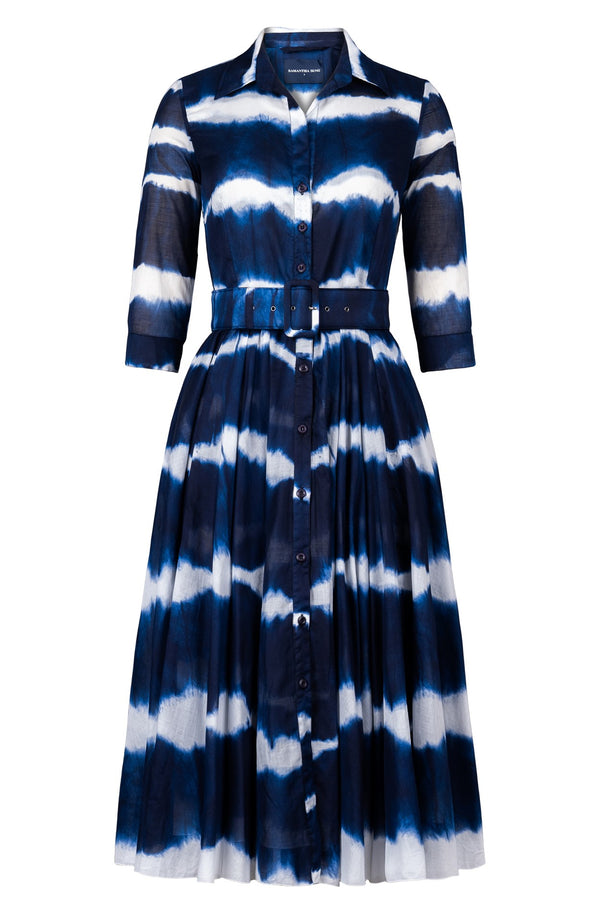 Aster Dress Shirt Collar 3/4 Sleeve Midi Length Cotton Musola (Shibori Tie)
