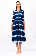 Aster Dress Shirt Collar 3/4 Sleeve Midi Length Cotton Musola (Shibori Tie)
