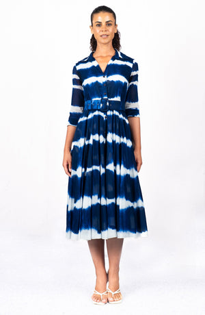 Aster Dress Shirt Collar 3/4 Sleeve Midi Length Cotton Musola (Shibori Tie)