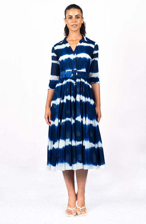 Aster Dress Shirt Collar 3/4 Sleeve Midi Length Cotton Musola (Shibori Tie)