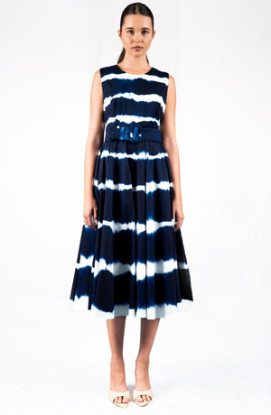 Abelia Dress Crew Neck Sleeveless Midi Length Cotton Stretch (Shibori Tie)